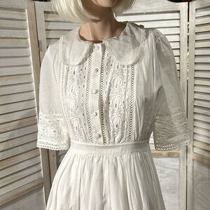 White Cotton eyelet, embroidered fitted midi dress- new; no tags